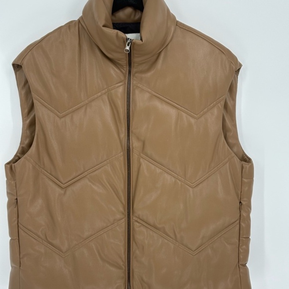 🧲 Zara carmel vegan leather Puffer Vest waistcoat funnel neck